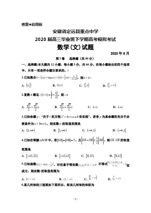 2020年6月安徽省定远县重点中学2020届高三高考模拟考试理数学(文)试题及答案解析
