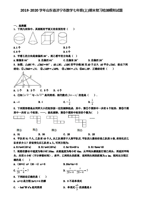 2019-2020学年山东省济宁市数学七年级(上)期末复习检测模拟试题
