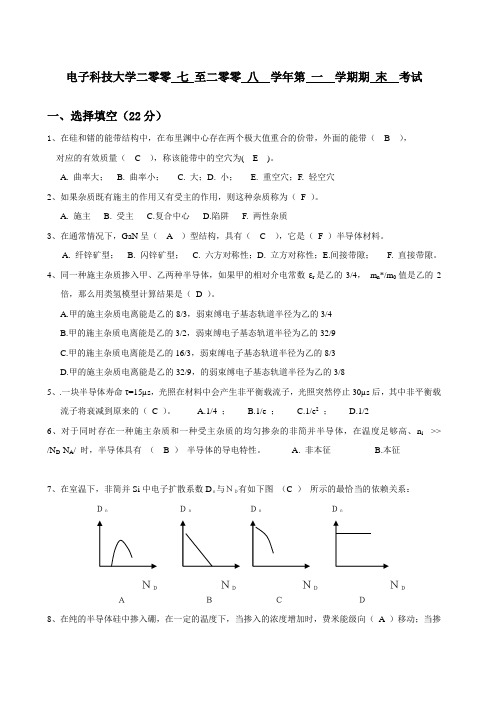 半导体物理期末考试试卷a-参考答案与评分标准