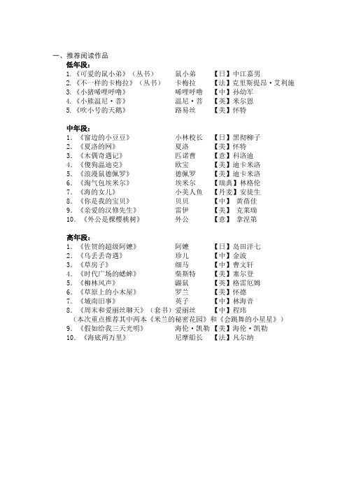 南京市小学生推荐课外阅读书目