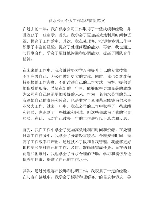 供水公司个人工作总结简短范文
