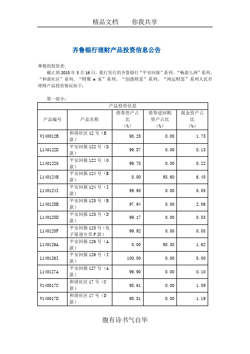 齐鲁银行理财产品投资信息公告