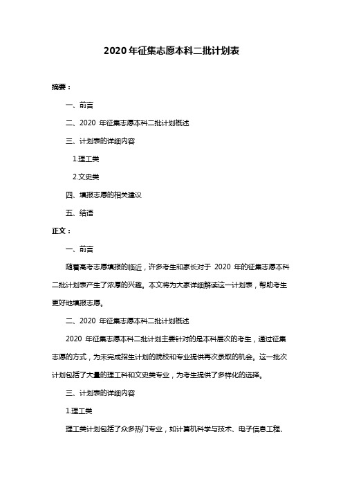 2020年征集志愿本科二批计划表