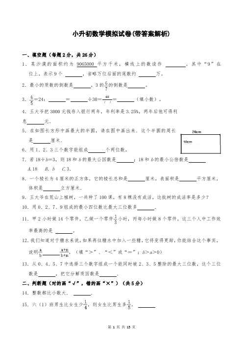 小升初数学模拟试卷(带答案解析)