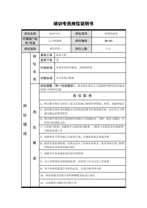 企业管理资料范本-培训专员岗位说明书