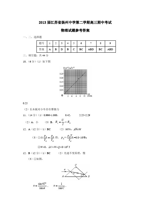 江苏省扬州中学第二学期高三期中考试物理试题参考答案