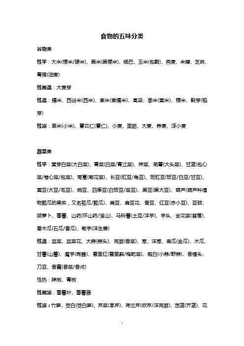 食物的五味分类