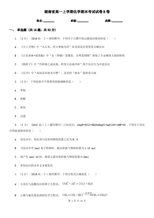 湖南省高一上学期化学期末考试试卷B卷