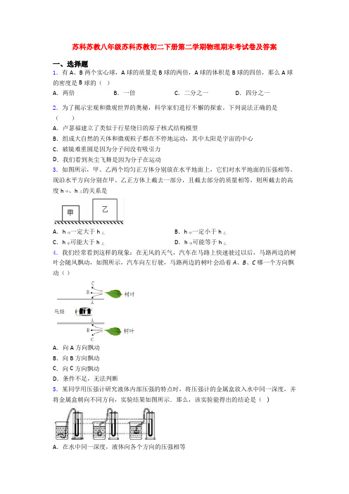 苏科苏教八年级苏科苏教初二下册第二学期物理期末考试卷及答案