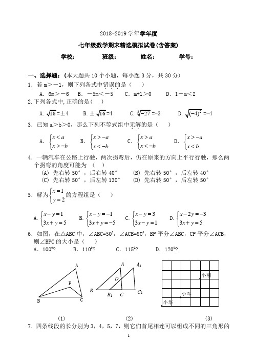  2018-2019学年人教版七年级下册数学期末精选模拟试卷含答案