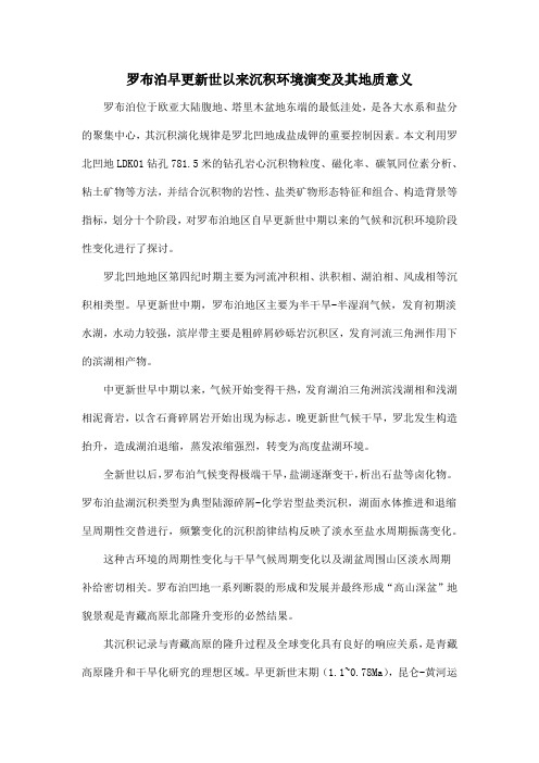 罗布泊早更新世以来沉积环境演变及其地质意义