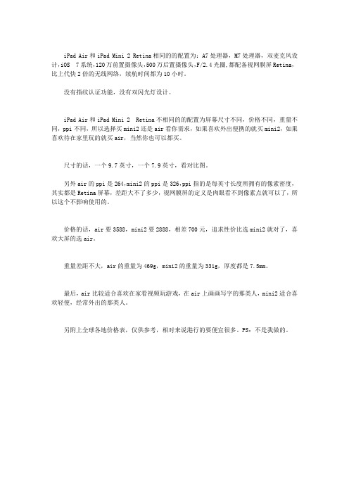 IPAD AIR和视网膜屏IPAD MINI 2有什么区别