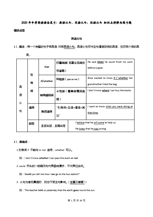 2020年中考英语语法复习：宾语从句、定语从句、状语从句 知识点讲解与练习题(含答案)