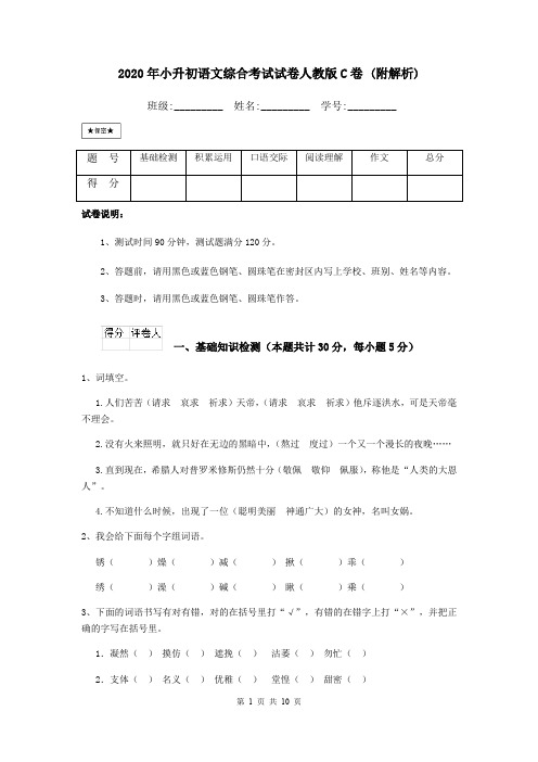 2020年小升初语文综合考试试卷人教版C卷 (附解析)