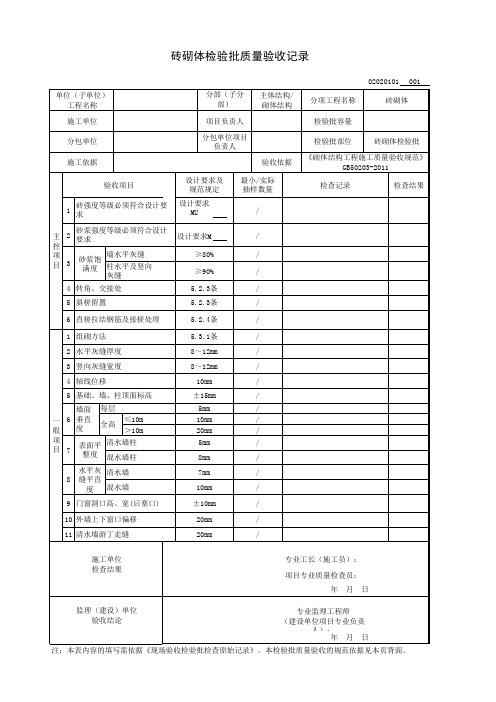 砖砌体检验批质量验收记录