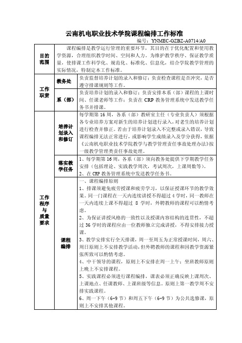 云南机电职业技术学院课程编排工作标准