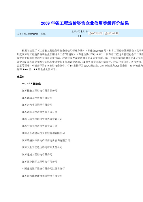2009年省工程造价咨询企业信用等级评价结果