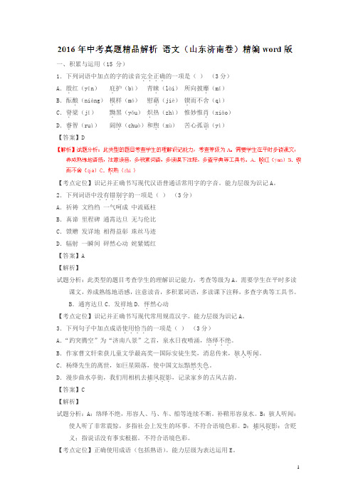 山东济南2016中考试题语文卷(解析版)