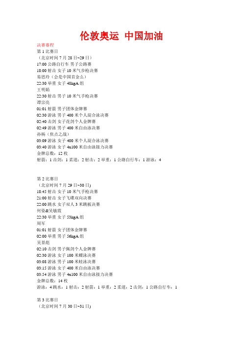 伦敦奥运赛程及中国队夺金点