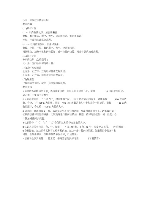 【精品制作】小学一年级数学教学大纲