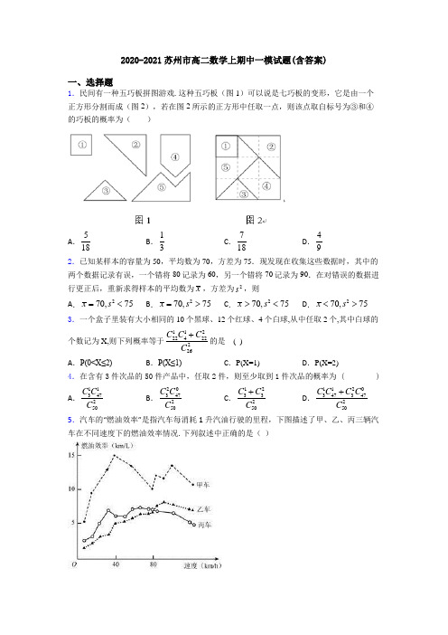 2020-2021苏州市高二数学上期中一模试题(含答案)