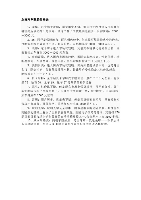 主流汽车膜生产公司