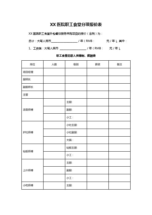 XX医院职工食堂分项报价表