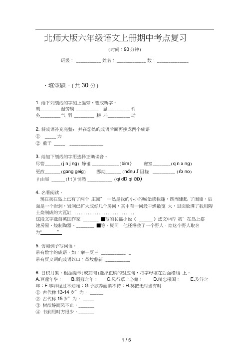 北师大版六年级语文上册期中考点复习
