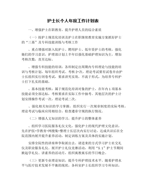 护士长个人年度工作计划表