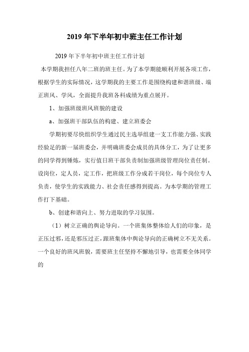 2019年下半年初中班主任工作计划