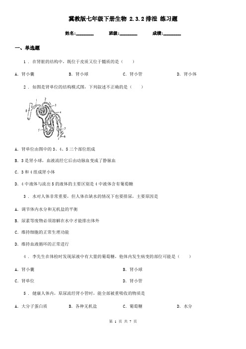 冀教版七年级下册生物 2.3.2排泄 练习题