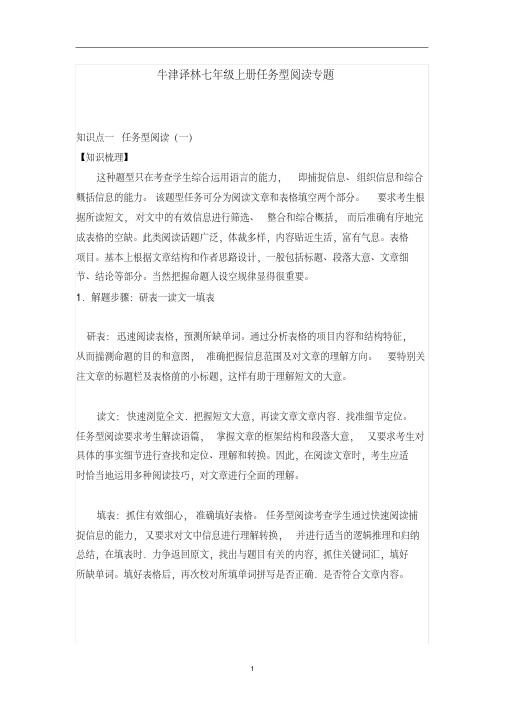 初中英语牛津译林七年级上册任务型阅读专题