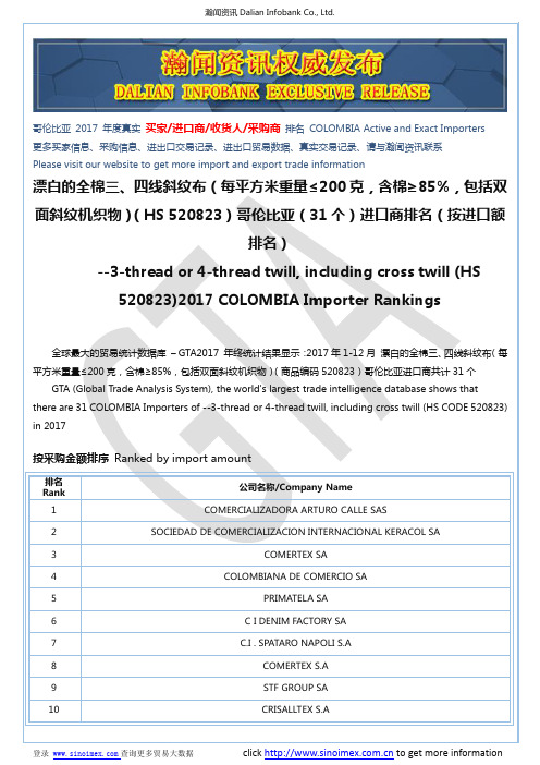 漂白的全棉三、四线斜纹布(每平方米重...(HS 520823)2017 哥伦比亚