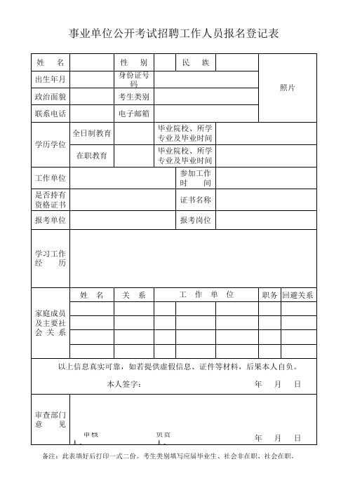 事业单位公开考试招聘工作人员报名登记表xls