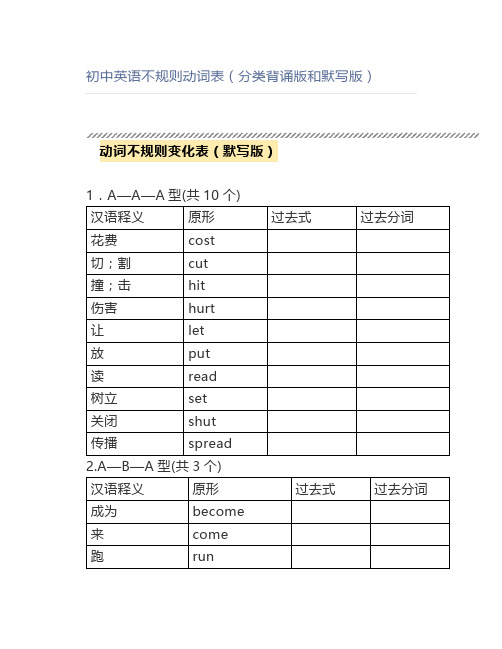 初中英语不规则动词表(分类背诵版和默写版)