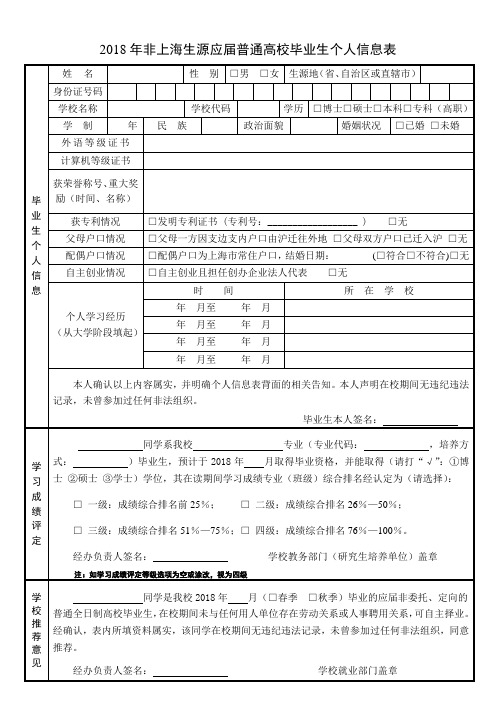 2018年非上海生源应届普通高校毕业生个人信息表