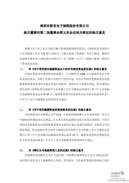 新亚制程：独立董事对第二届董事会第五次会议相关事宜的独立意见 2010-12-27