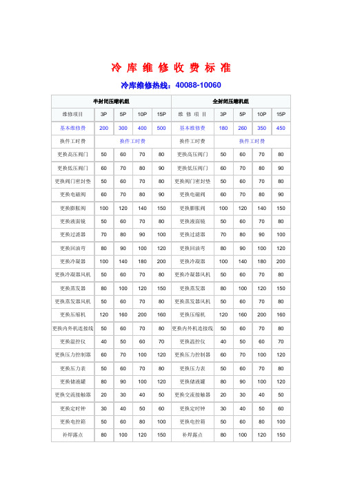 冷 库 维 修 收 费 标 准