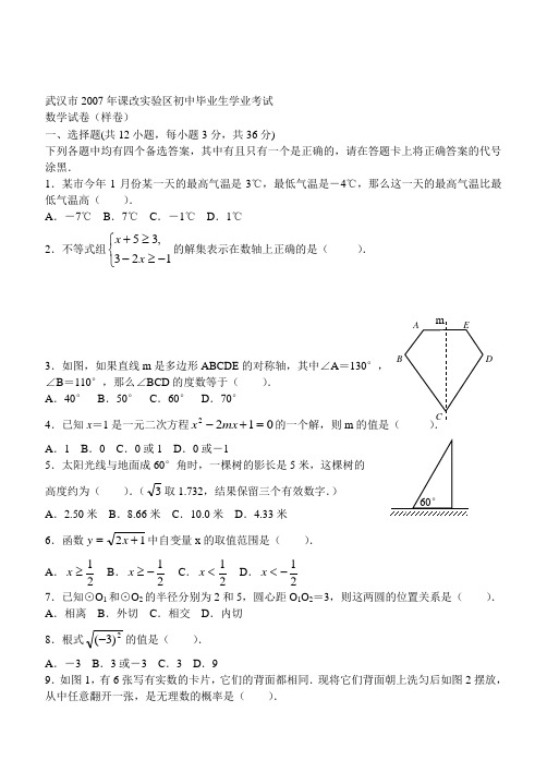武汉市2007年课改实验区初中毕业生学业考试数学试卷样卷