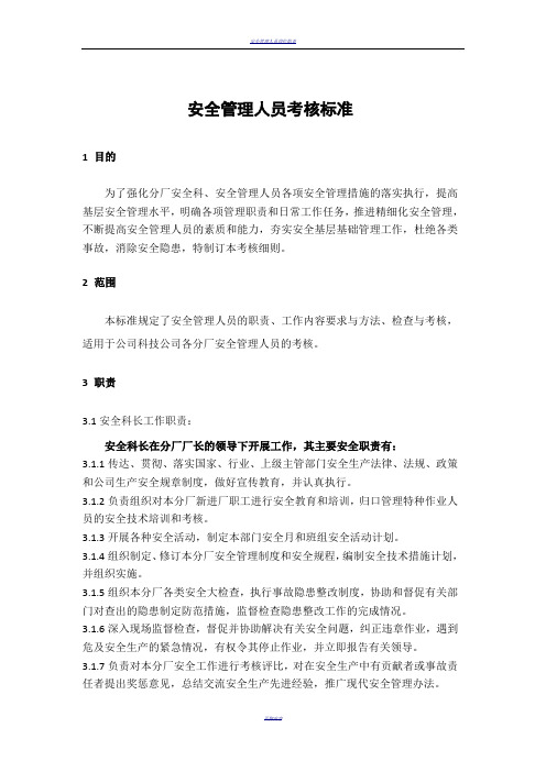 安全管理人员月度工作绩效考核标准