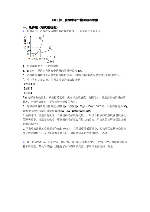 2021初三化学中考二模试题和答案