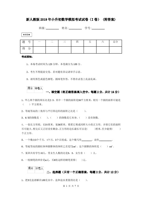 新人教版2019年小升初数学模拟考试试卷(I卷) (附答案)