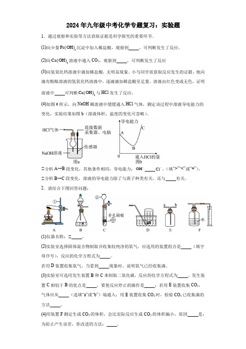 2024年九年级中考化学专题复习：实验题