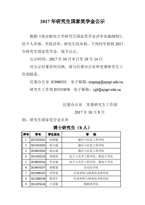 2017年研究生国家奖学金公示