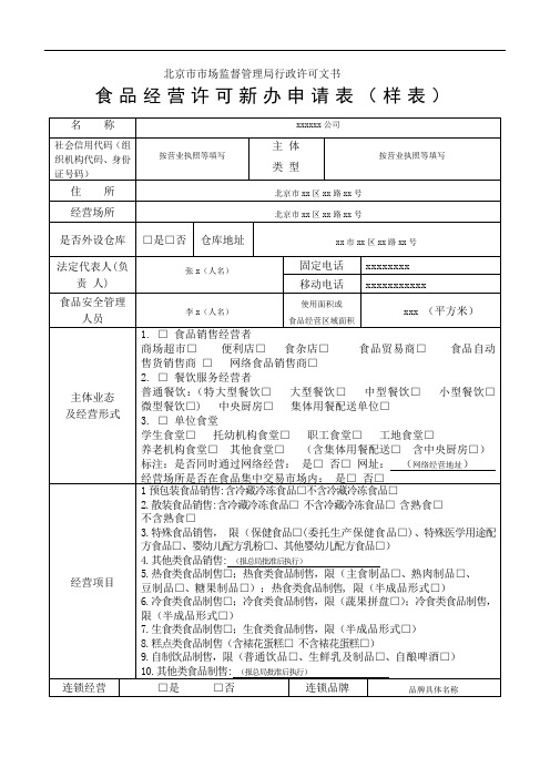 食品经营许可新办申请表(样表)