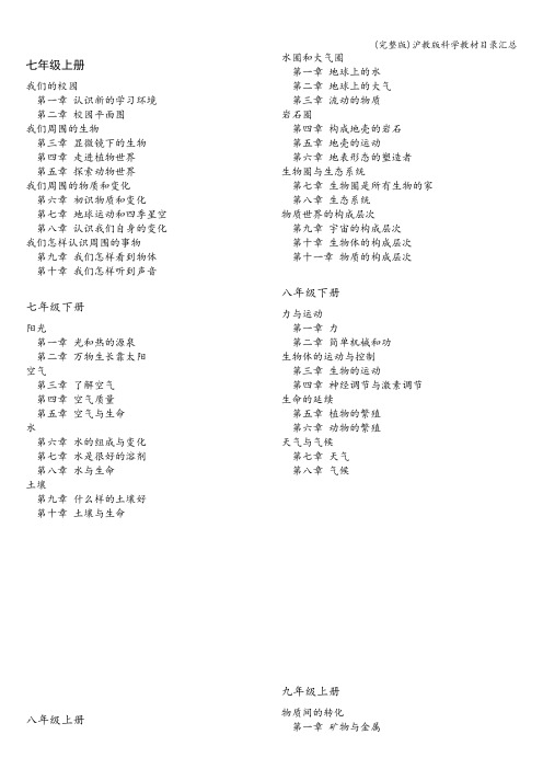 (完整版)沪教版科学教材目录汇总