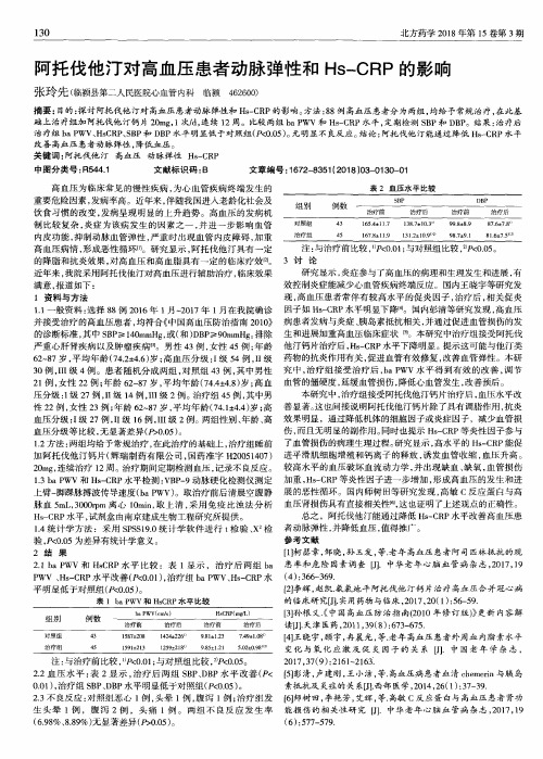 阿托伐他汀对高血压患者动脉弹性和Hs-CRP的影响