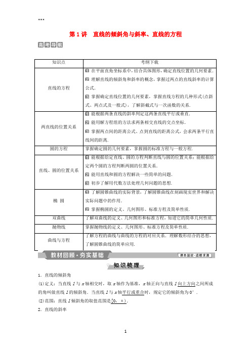 (通用版)2019版高考数学一轮复习第9章平面解析几何1第1讲直线的倾斜角与斜率、直线的方程教案理