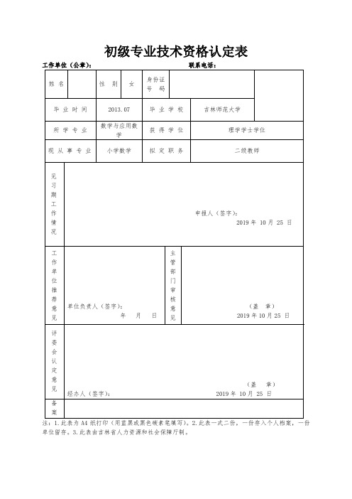 初级专业技术资格认定表【最新版】