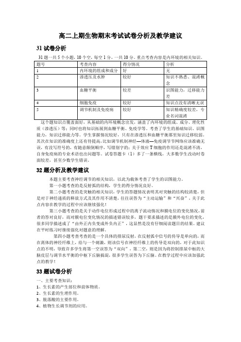 2013级高二上期生物期末考试试卷分析及教学建议